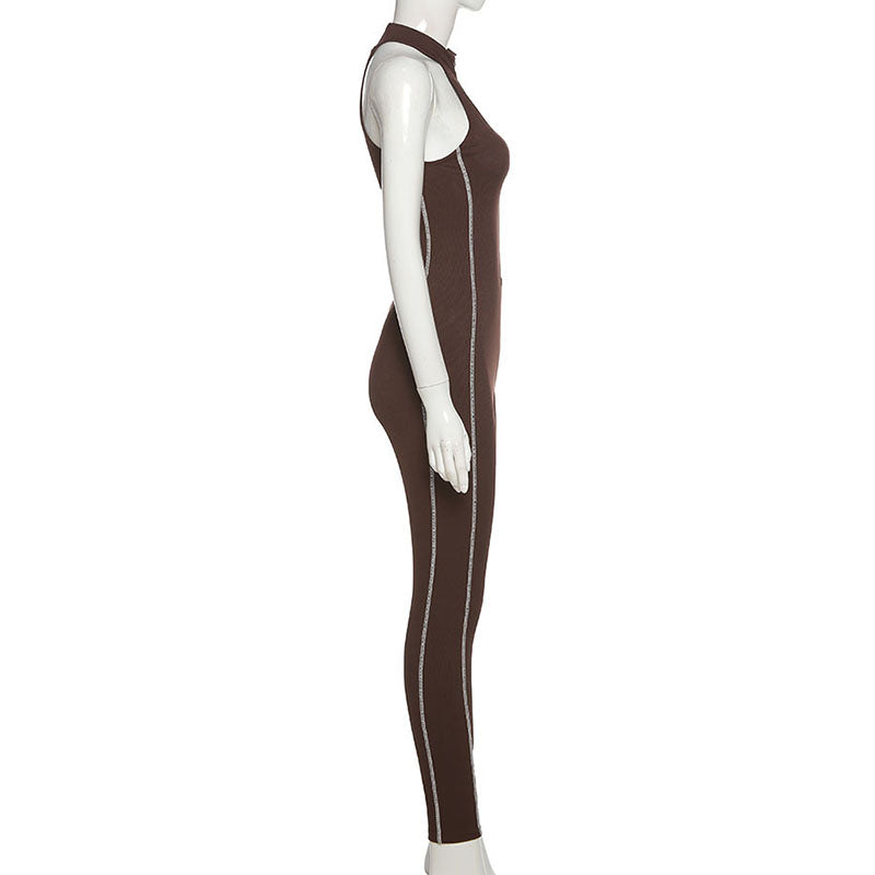 Women's Velvet Stripe Fitness Jumpsuit — Sleeveless Zip-Up Skinny Bodysuit