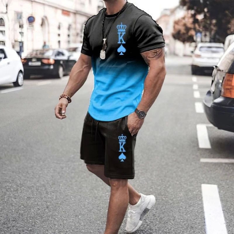 Men's 3D Print Round Neck T-Shirt & Shorts Set