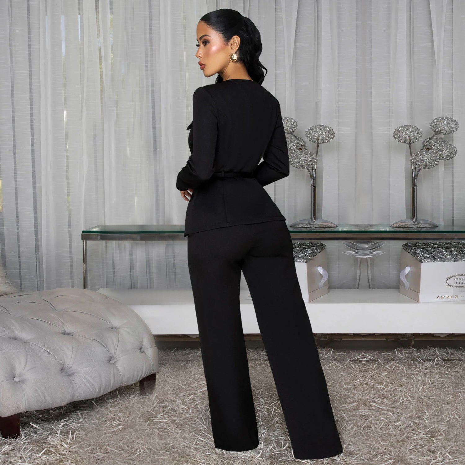 Women's Belted Long-Sleeve Fitted Top & Wide-Leg Pants Set