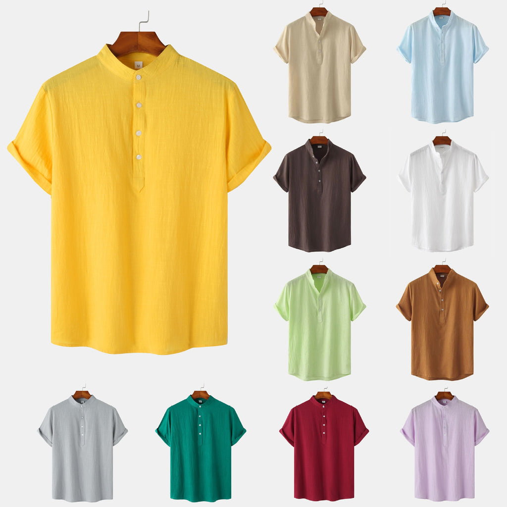 Men's Cotton-Linen Standing Collar Short-Sleeve Casual Shirt
