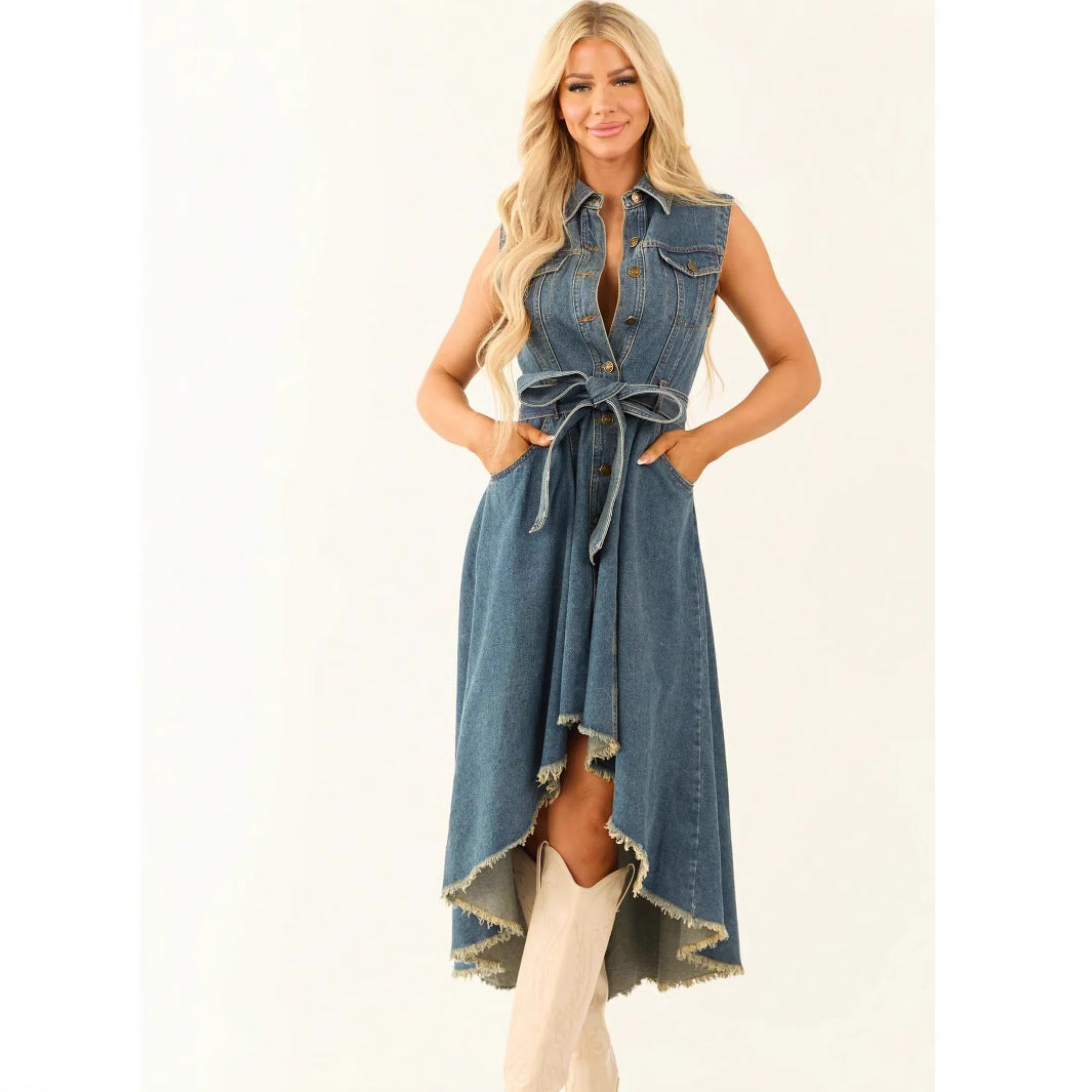 Women's Sleeveless Denim Dress — Irregular Hem Street Fashion Midi Dress