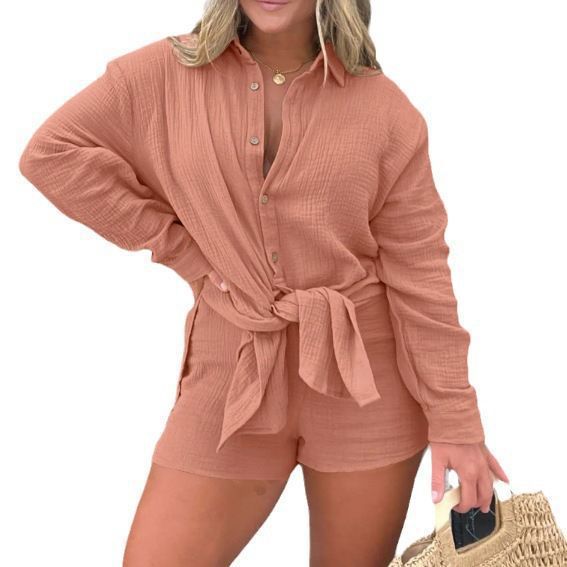 Women's Crinkle Cotton-Linen Long Sleeve Blouse & High Waist Shorts Set