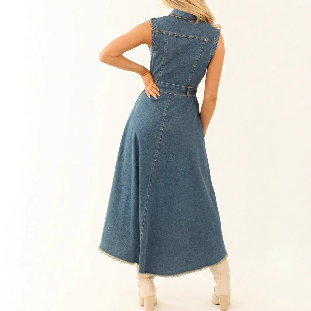 Women's Sleeveless Denim Dress — Irregular Hem Street Fashion Midi Dress
