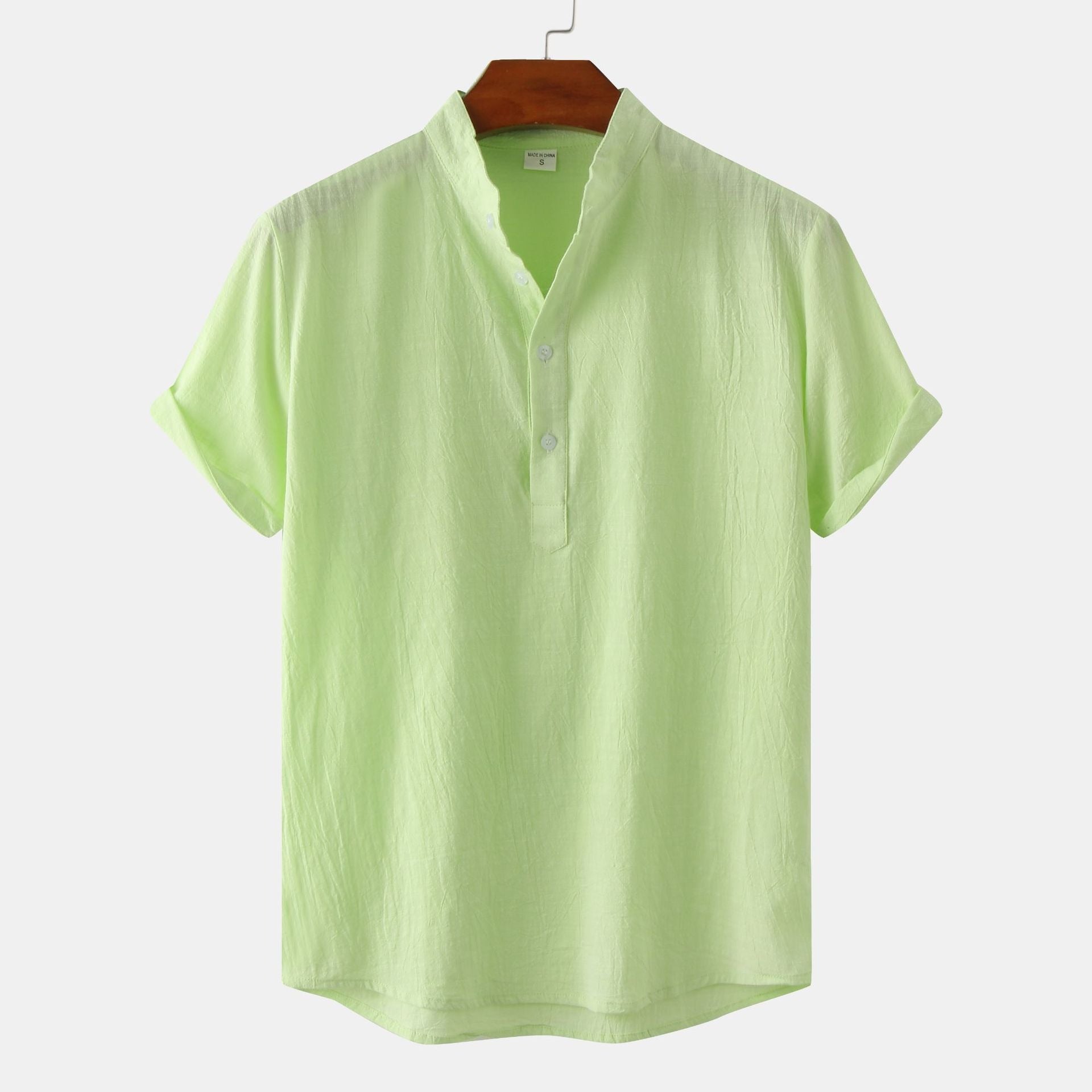 Men's Cotton-Linen Standing Collar Short-Sleeve Casual Shirt