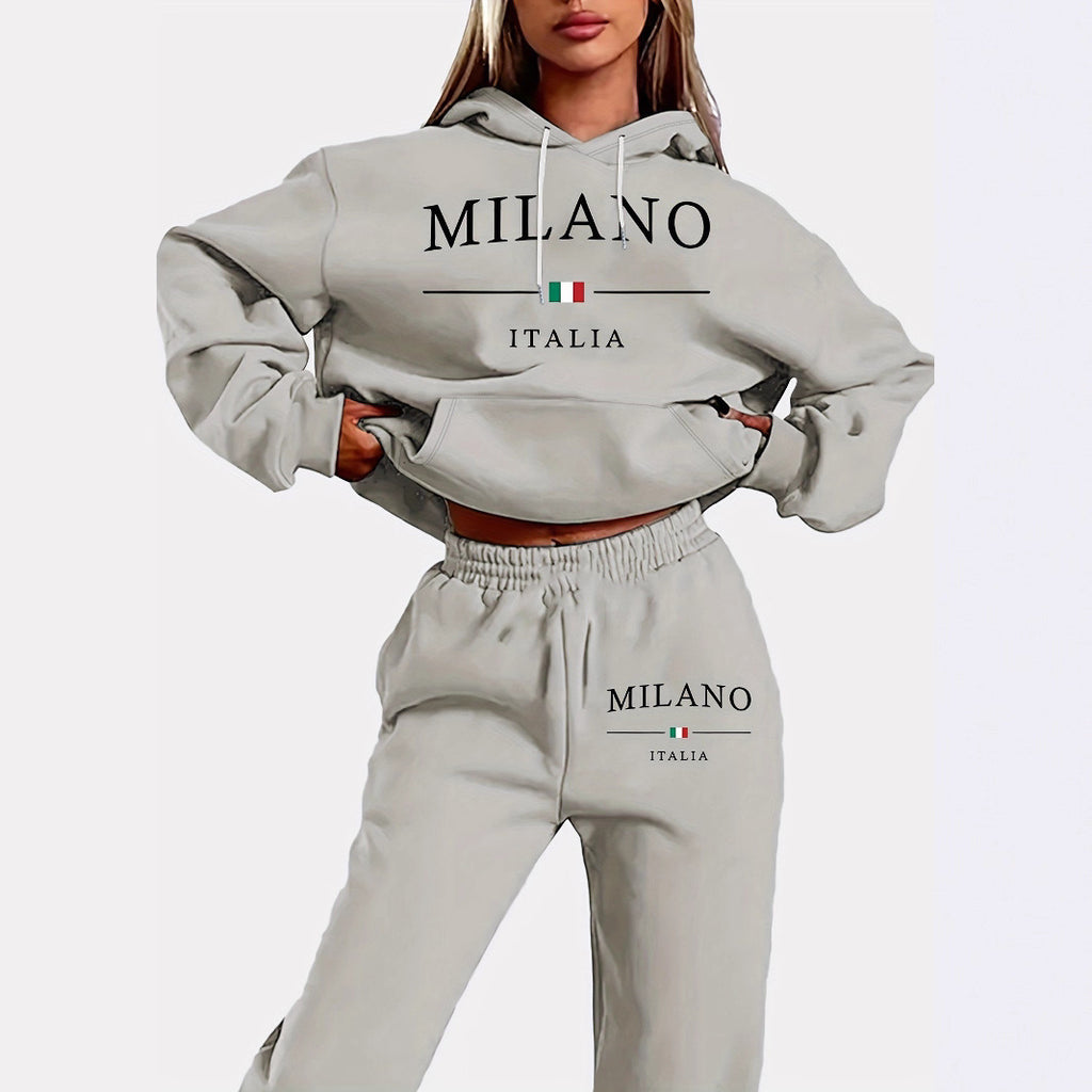 Unisex Fleece-Lined Letter Print Hoodie & Sweatpants Set