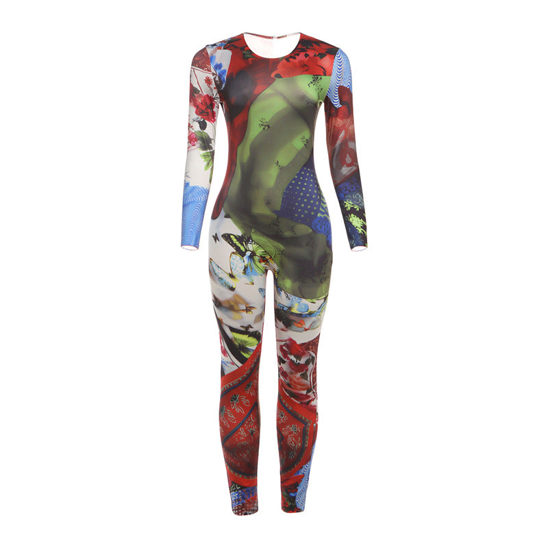 Women's 3D Digital Print Fitted Long Sleeve Jumpsuit