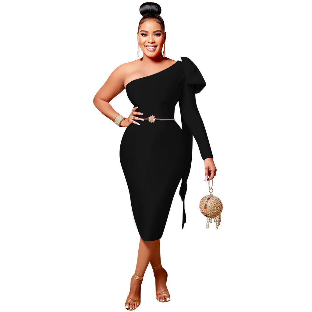 Women's Single Long-Sleeve Asymmetrical Bow Midi Dress