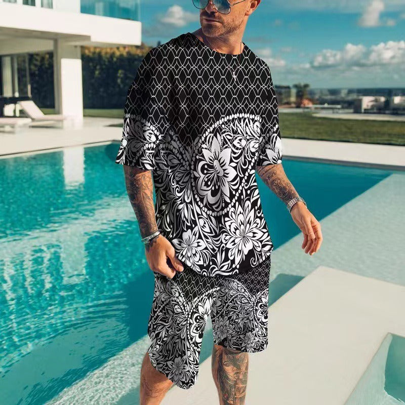 Men's 3D Print Round Neck T-Shirt & Shorts Set