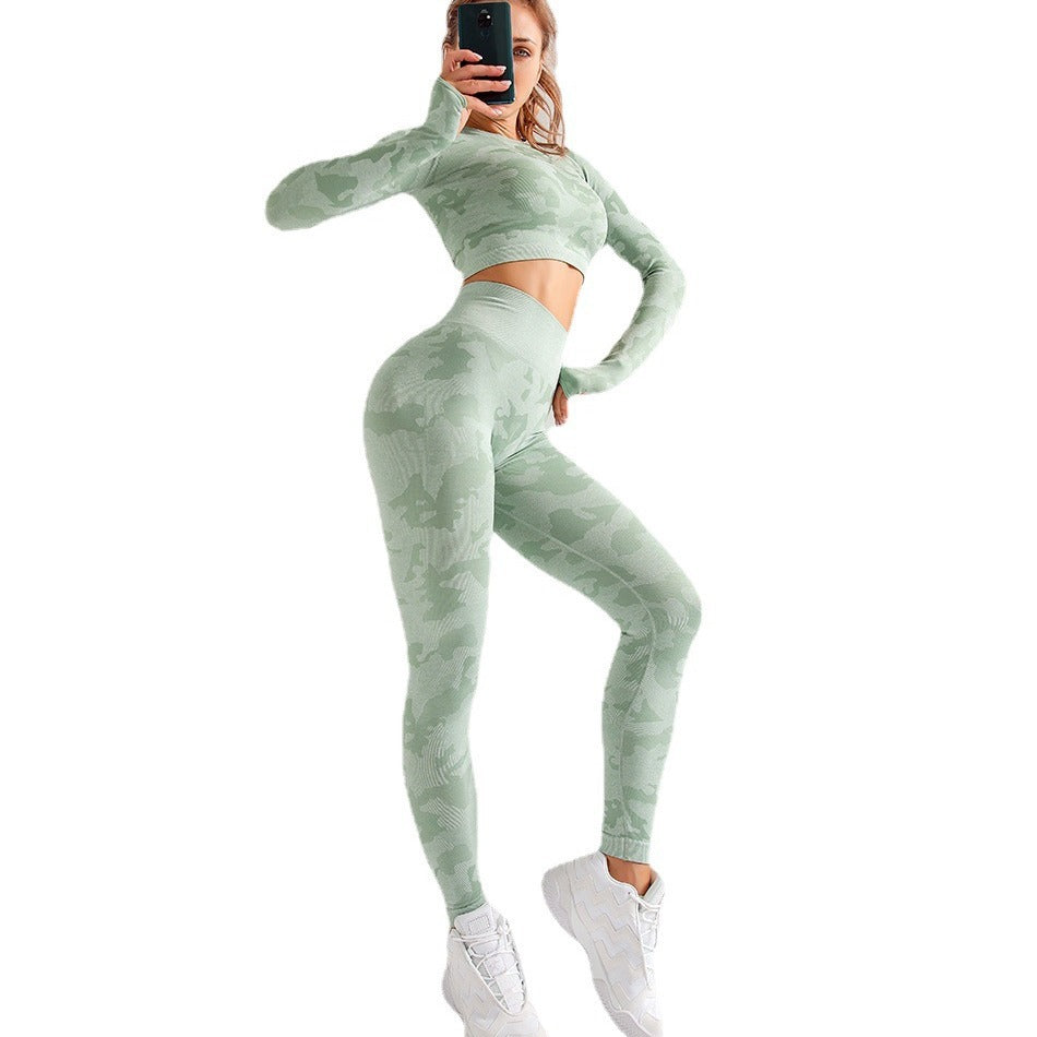 Women's Camouflage 3-Piece Yoga Fitness Set — Sports Bra, Long Sleeve Crop Top & Hip-Lift Leggings