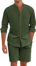 Men's Casual Button-Up Long Sleeve Shirt & Shorts Two-Piece Set