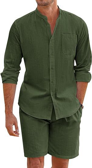 Men's Casual Button-Up Long Sleeve Shirt & Shorts Two-Piece Set