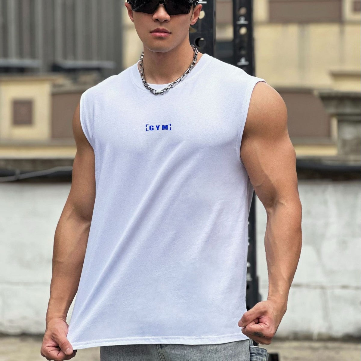Men's Heavyweight Cotton Wide Shoulder Sleeveless Vest — Fitness Running Sport Top