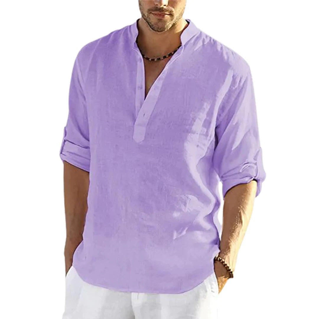 Men's Cotton-Linen Long-Sleeve Loose Casual Shirt – Standing Collar