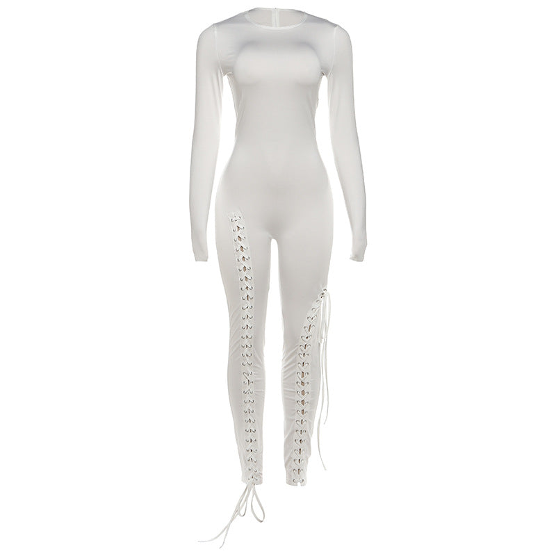 Women's Cut-Out Tie-Up Bodycon Long Jumpsuit – Slim Fit Milk Silk