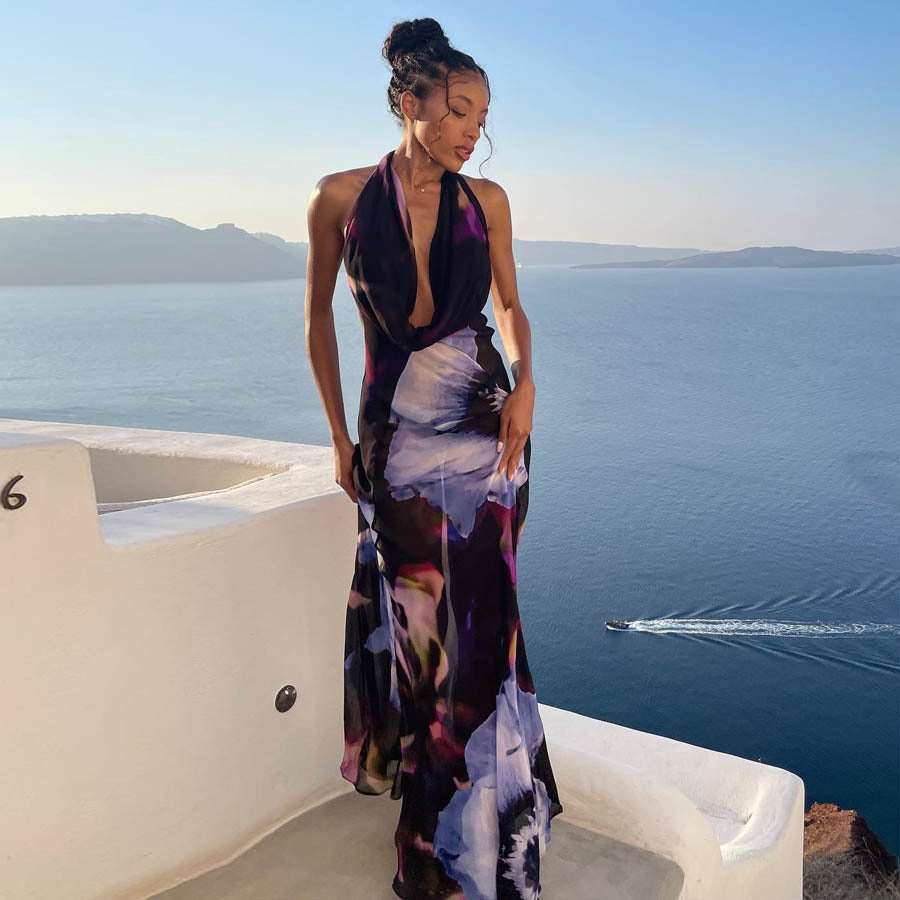 Women's Backless Printed Halter Neck Maxi Dress