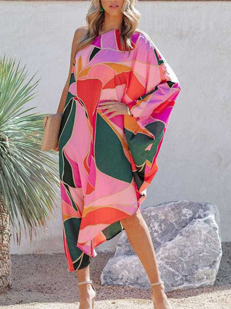 Women's One-Shoulder Boho Print Irregular Midi Dress