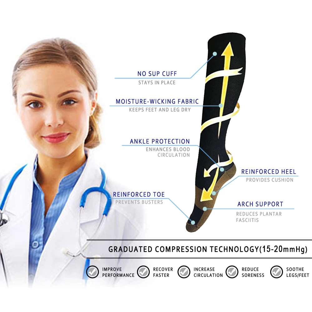 Unisex Nylon Compression Socks – 15-20mmHg Graduated Compression for Running, Travel & Recovery